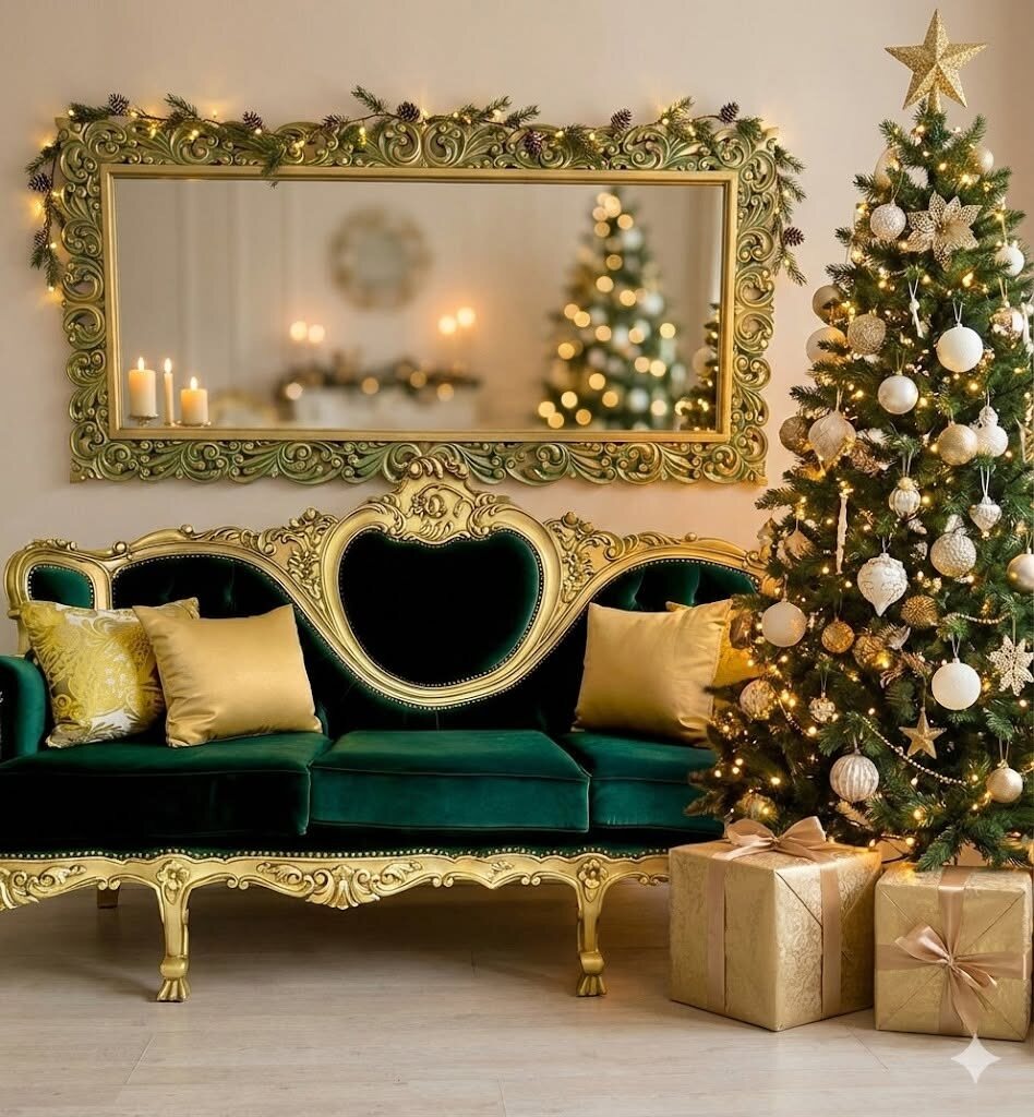 Emerald Baroque sofa with a carved mirror
