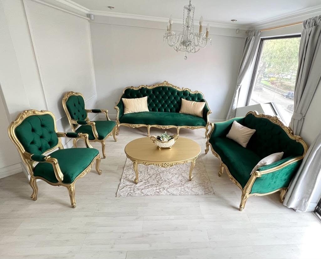 Emerald Baroque living room with green velvet sofas and armchairs
