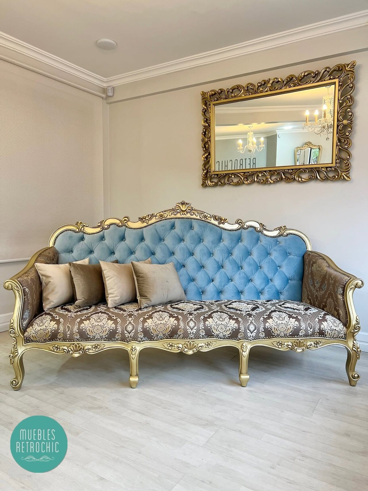 Gold Marquise sofa with blue tufting and brocade