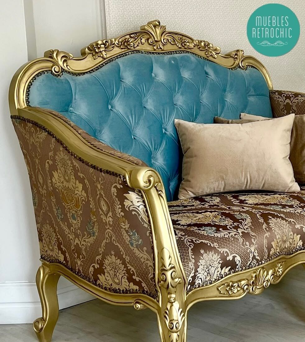 Marquise armchair with a blue back and brocade upholstery