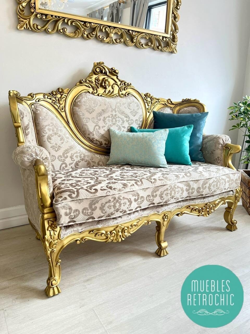 Marquise love seat in powder blue and brocade