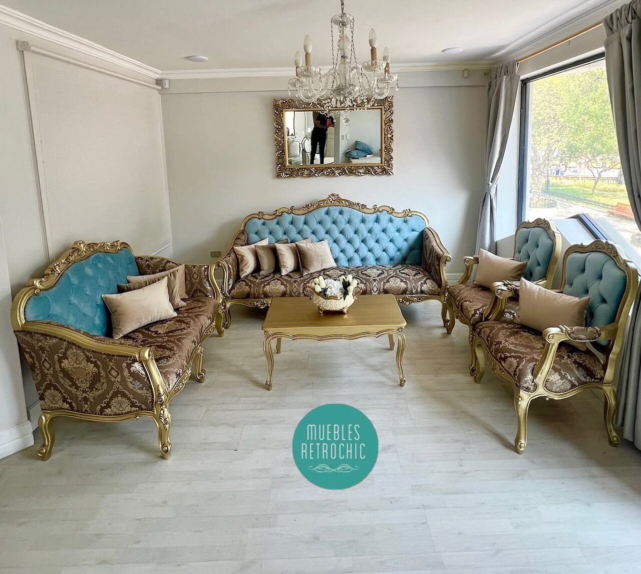 Gold Marquise living room set with blue tufting and brocade