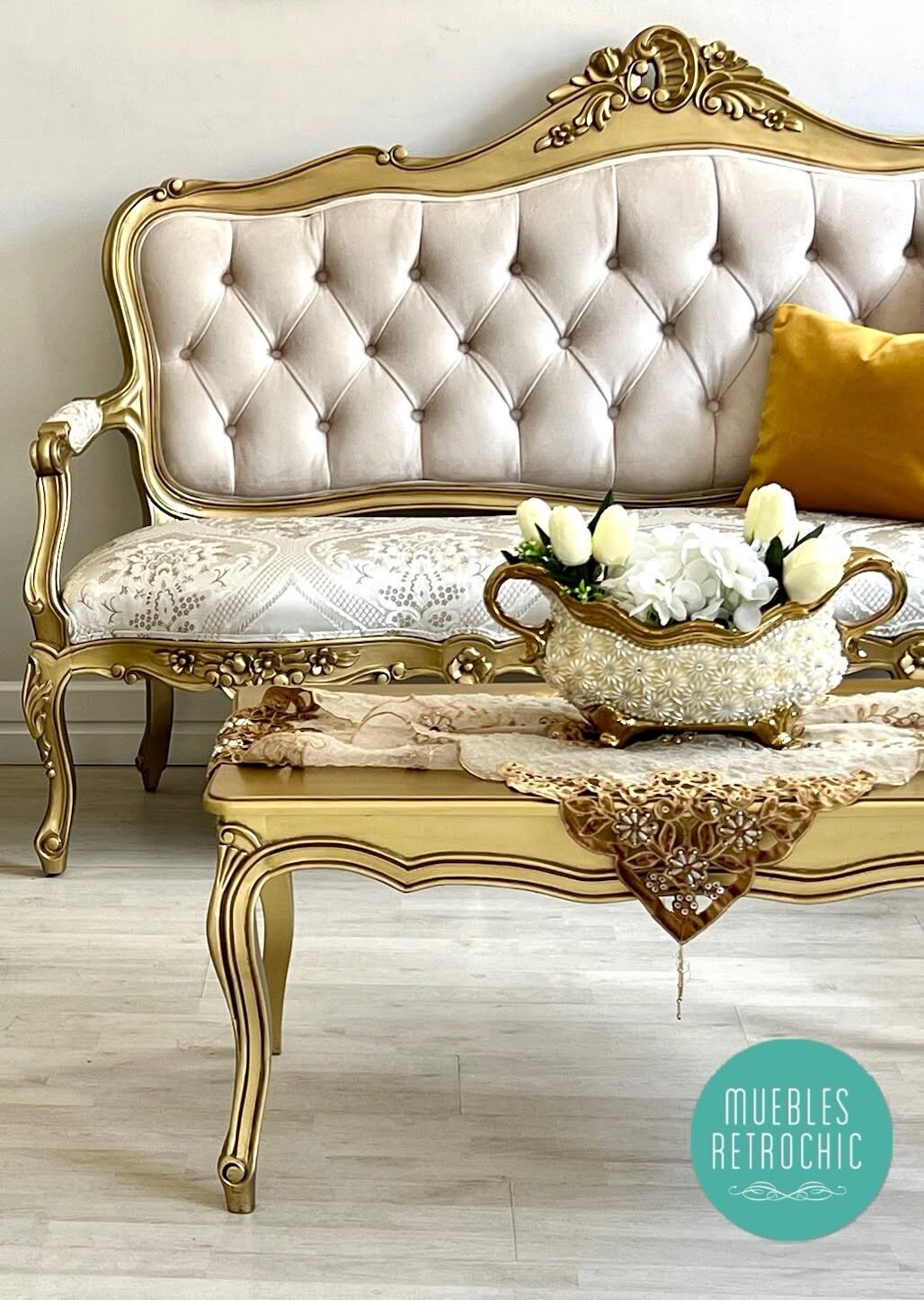 Detail of a Louis XV sofa with ivory tufting
